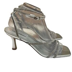 Steve Madden Meggie Rhinestone Heels 8M Silver Strappy Square Toe Ankle Strap